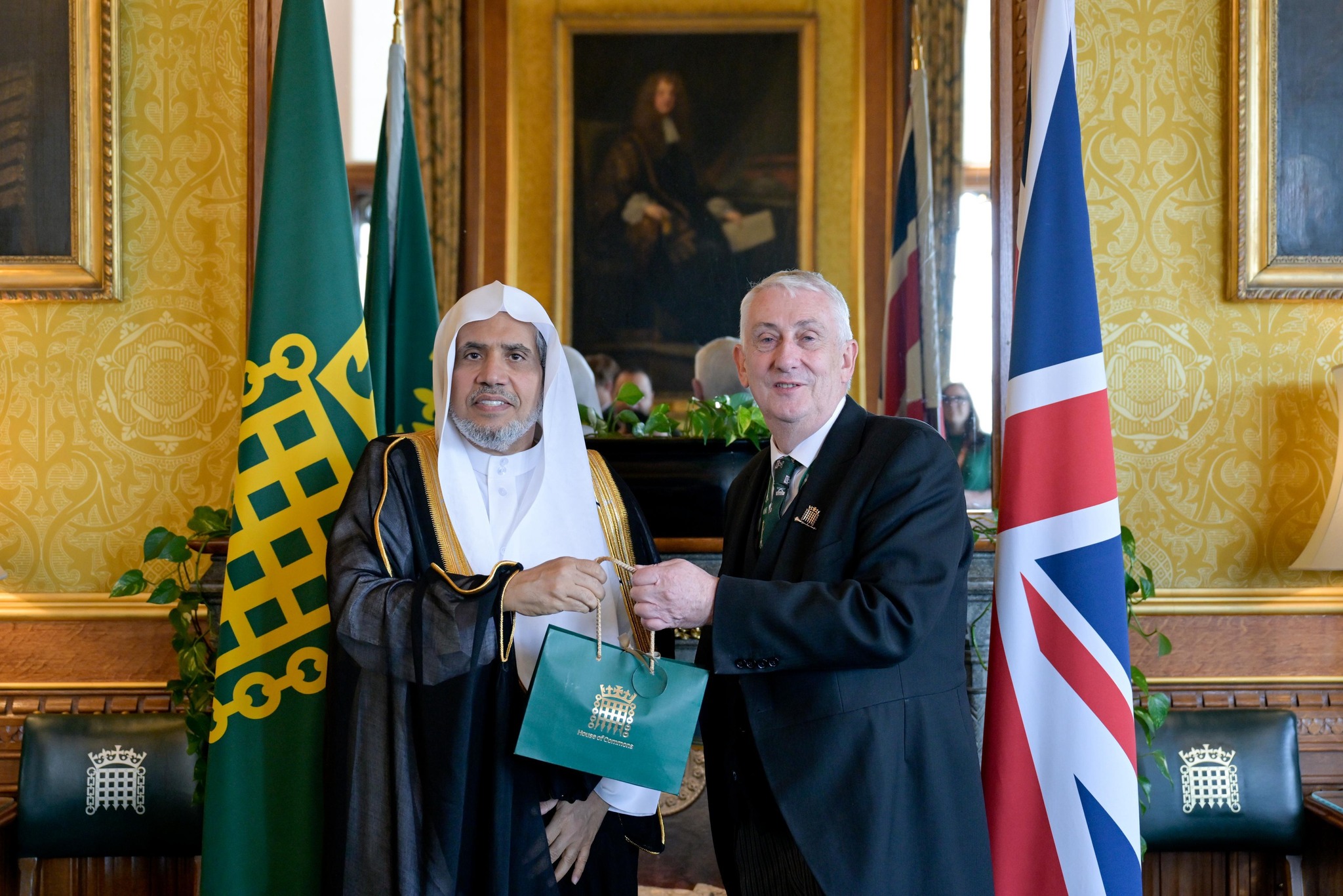 H.E. Sheikh Dr. Mohammed Al-issa, Secretary-General of the Muslim World League (MWL) and Chairman of the Organization of Muslim Scholars, met with H.E. Sir Lindsay Hoyle, Speaker of the British Parliament and Speaker of the House of Commons, at his office in Westminster, in the capital city of London.