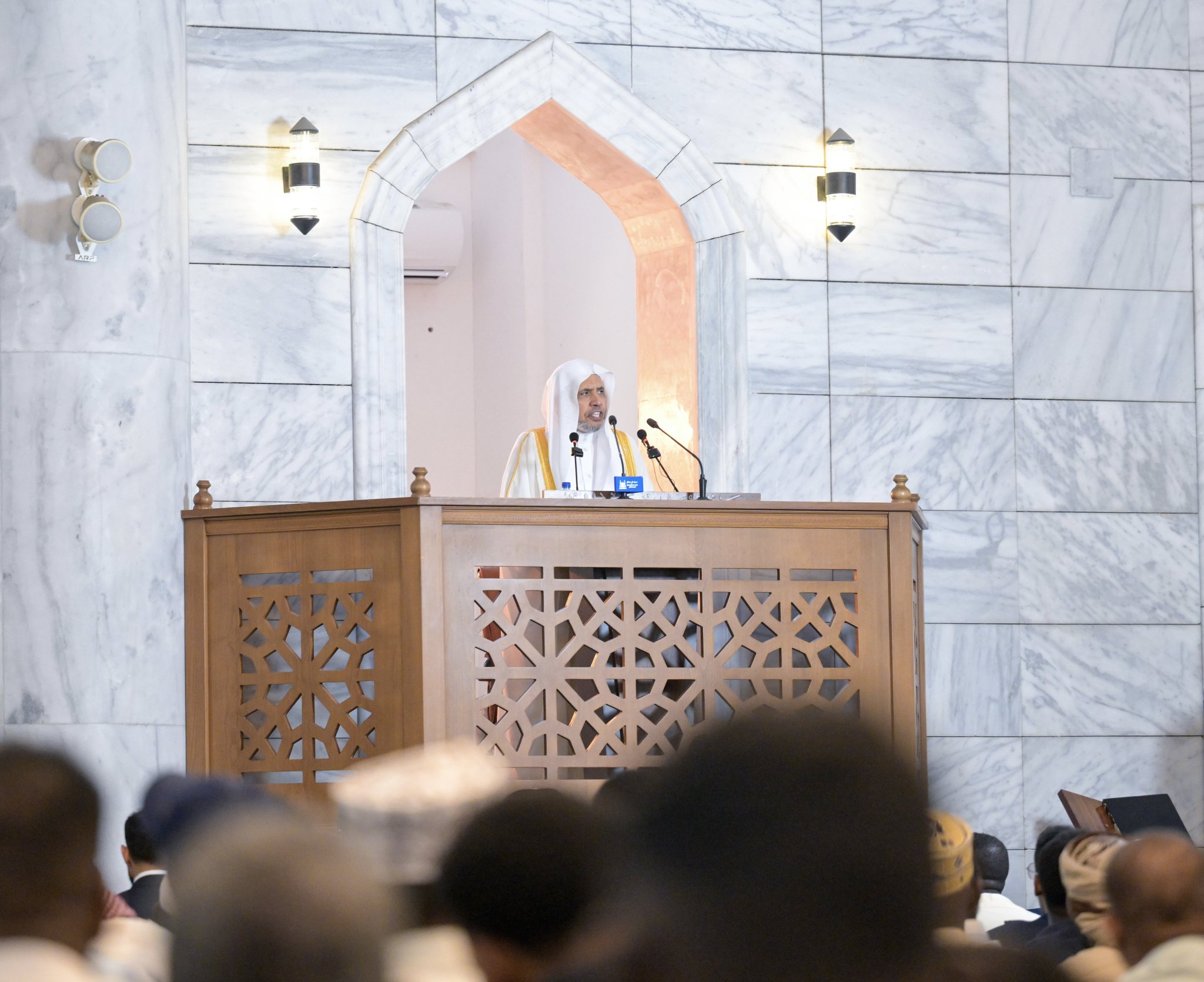 H.E. Sheikh Dr. Mohammed Al-Issa , Secretary-General of the MWL, delivers the Friday sermon from the pulpit of the Grand Mosque in the Somali capital