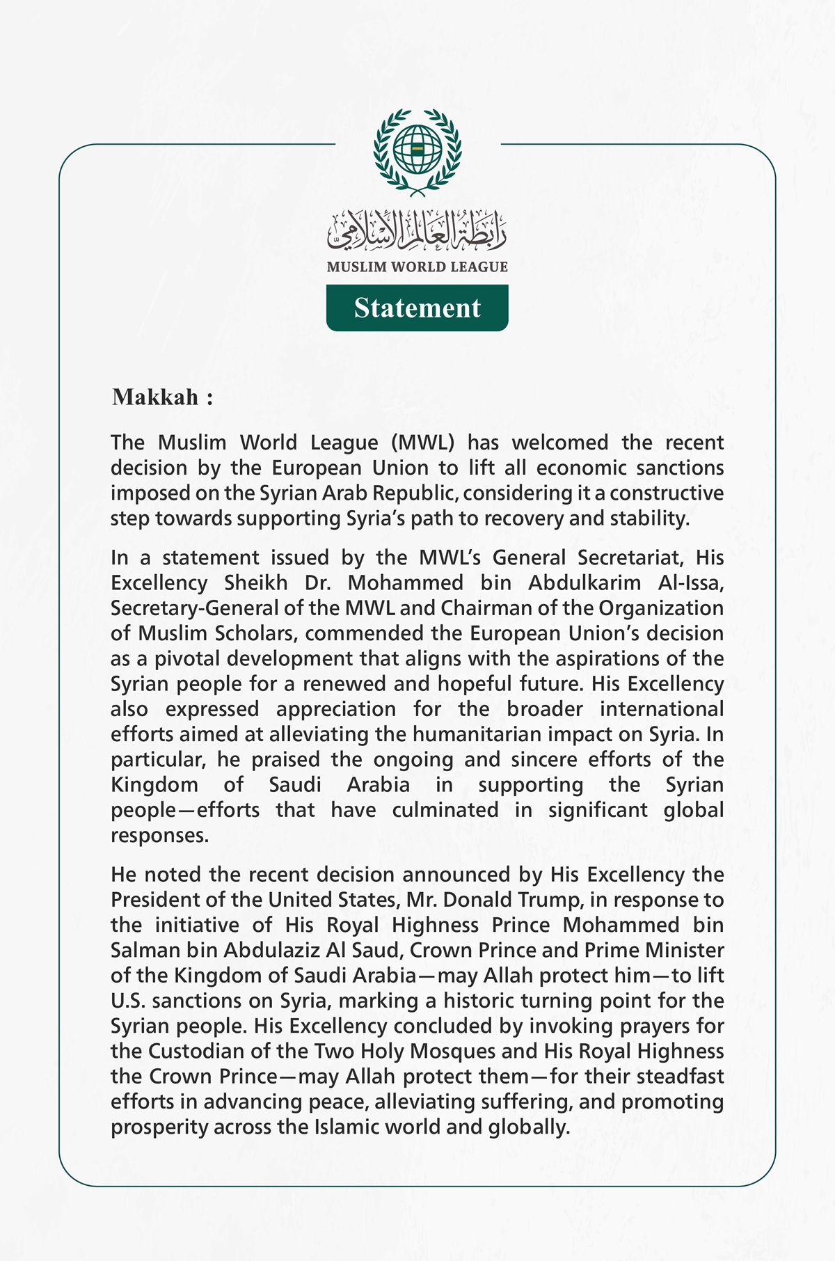 Muslim World League Welcomes European Union’s Decision to Lift Sanctions on Syria
