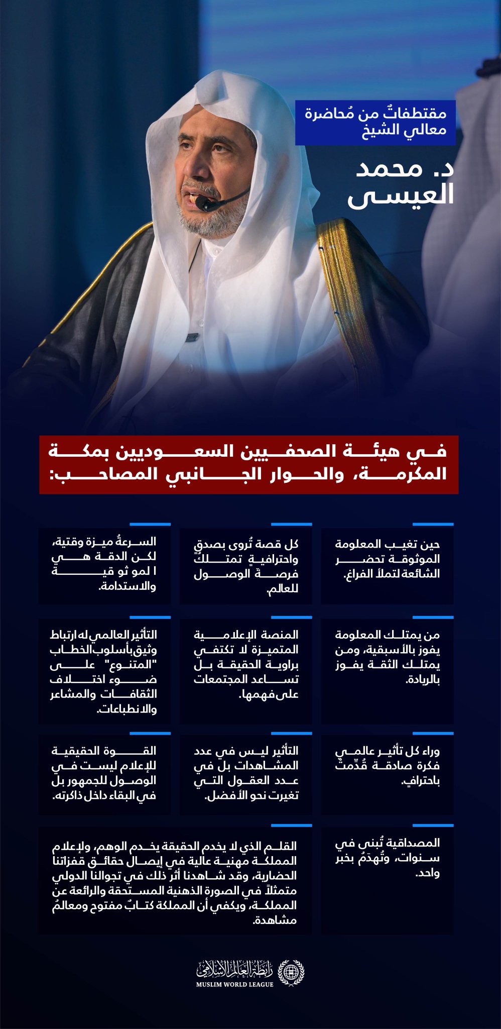 ‏مقتطفاتٌ من مُحاضرة معالي الشيخ د. ⁧‫محمد العيسى‬⁩‬⁩ في هيئة الصحفيين السعوديين بمكة المكرمة، والحوار الجانبيِّ المُصاحِب: