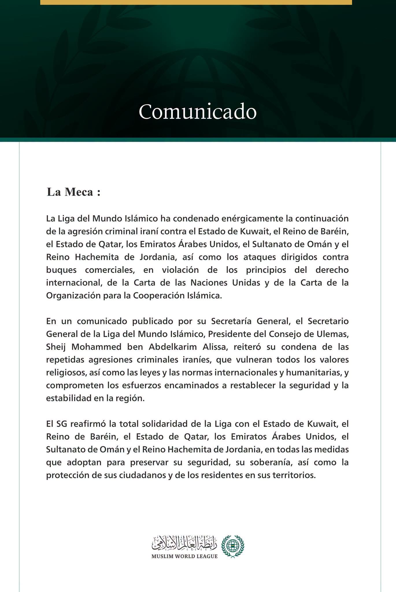 La Liga del Mundo Islámico condena la continuación de la agresión criminal iraní contra los Estados del Golfo, Jordania y los buques comerciales