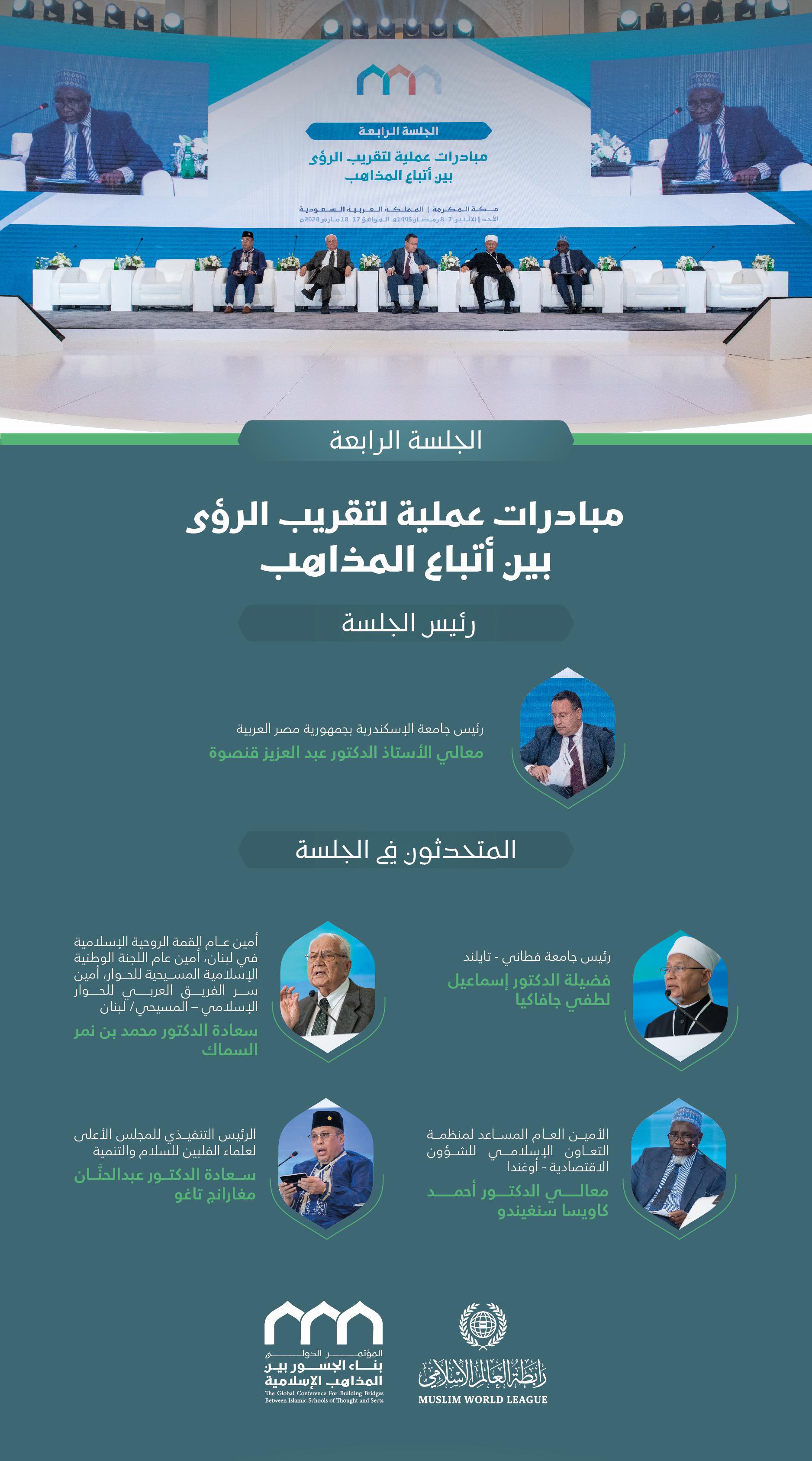 برئاسة معالي الأمين العام، رئيس هيئة علماء المسلمين، فضيلة الشيخ د.⁧‫محمد العيسى‬⁩؛ المتحدثون في الجلسة الافتتاحيَّة لمؤتمر: "بناء الجسور بين المذاهب الإسلامية":