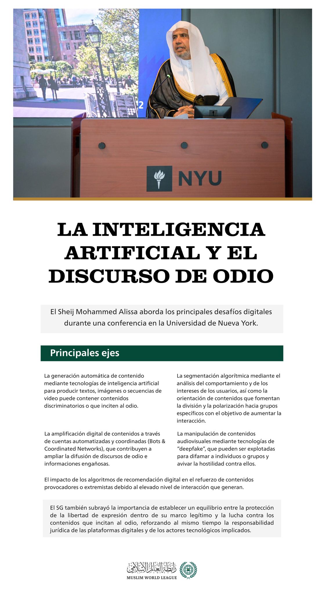 La prestigiosa Universidad de Nueva York recibió al Sheij Dr. Mohammed Al-Issa, Secretario General, para una conferencia seguida de un profundo intercambio con una élite de académicos e invitados al evento