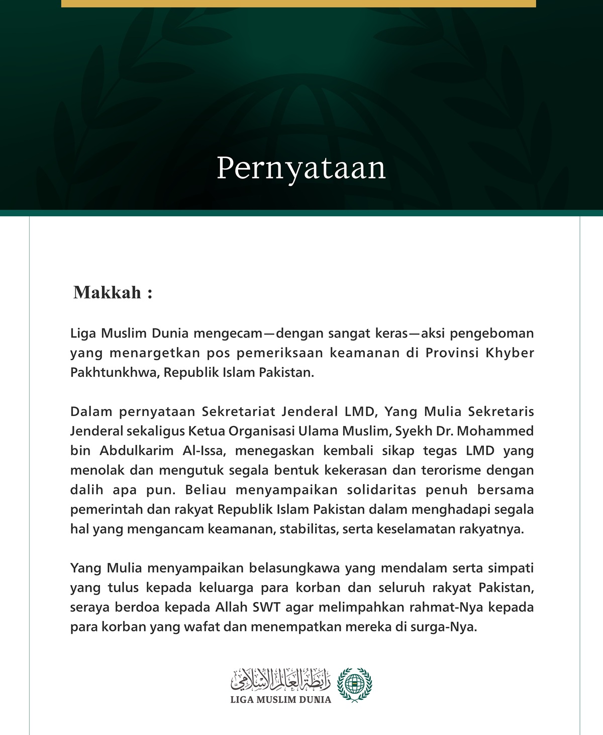 Liga Muslim Dunia Mengecam Aksi Pengeboman yang Menargetkan Pos Keamanan di Provinsi Khyber Pakhtunkhwa, Pakistan