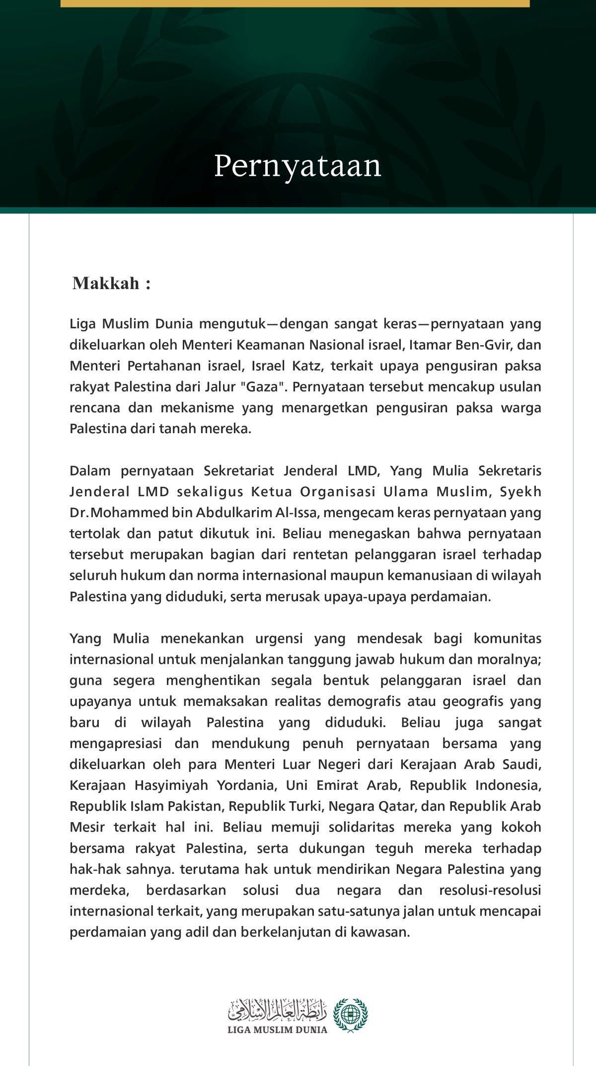 Liga Muslim Dunia Mengutuk Pernyataan israel Terkait Pengusiran Paksa Rakyat Palestina