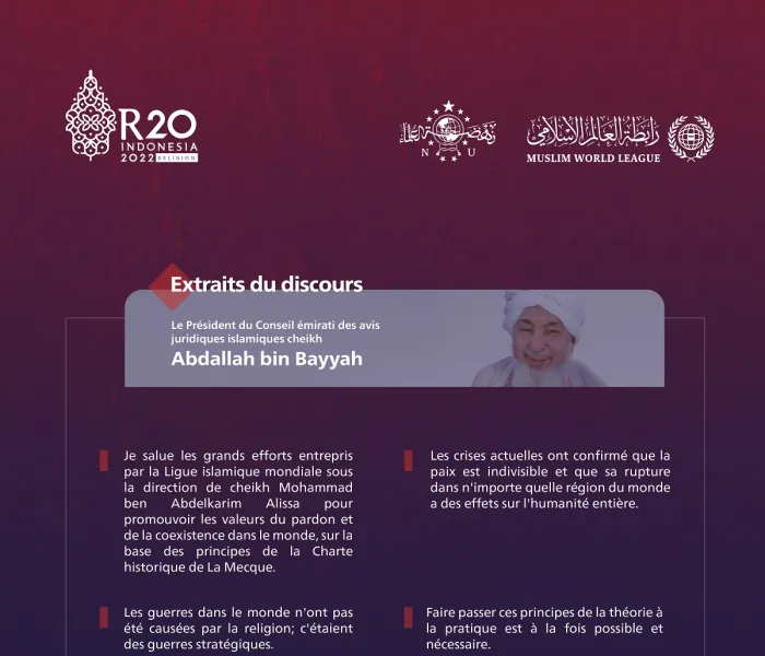 Extraits du discours de cheikh Bin Bayyah, président du Conseil émirati pour les avis juridiques islamiques lors du Sommet R20 à Bali :