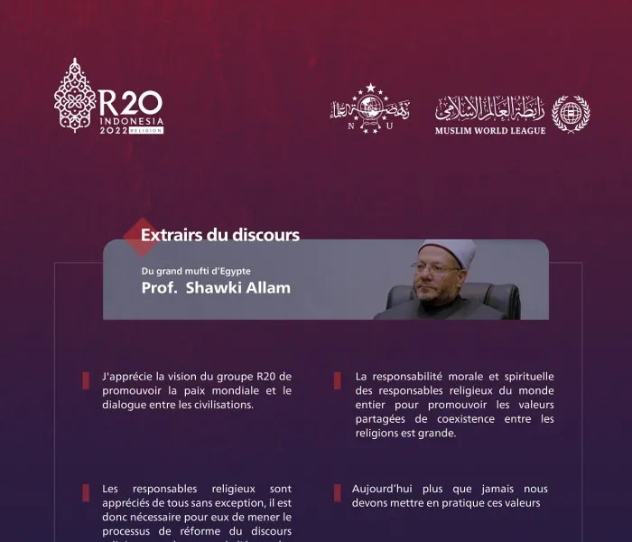 Extraits du discours du Grand Mufti d'Égypte, Prof. Shawki Allam, lors du Sommet R20 à Bali :