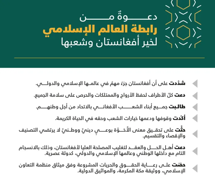 أبرز ما جاء في بيان رابطة العالم الإسلامي‬⁩ حول المستجدات في أفغانستان‬⁩ :