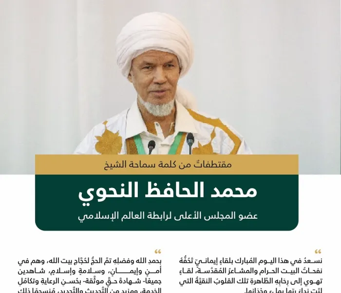 سماحةُ عضو المجلس الأعلى للرابطة الشيخ: محمد الحافظ النحوي يلقي كلمة الرابطة أمام سمو ولي العهد رئيس مجلس الوزراء، وذلك في الحفل السنوي لأصحاب الفخامة والدولة وكبار الشخصيات الإسلامية حُجاجِ هذا العام