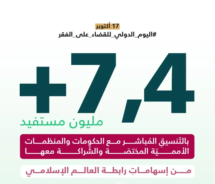 تجسيدًا لقِيَم الإسلام في الرحمةِ والتكافُل، التي جعلتْ في كلِّ كَبِدٍ رطبةٍ أجرًا، وحثّتْ على إغاثة الملهوف، وتأليف القلوب": ‏تُواصِل ⁧‫رابطة العالم الإسلامي‬⁩ إسهاماتِها الإسلاميةَ الإنسانيّةَ حولَ العالَم، من خلال مشاريعَ ومبادراتٍ نوعيةٍ، يمتدُّ أثرُها إلى ملايين المستفيدين