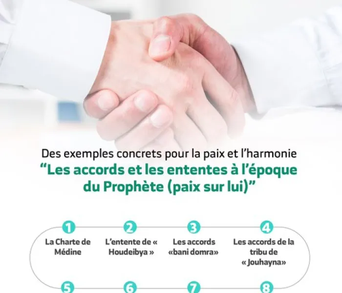 L’Islam porte un message de paix, voici des exemples dans l’histoire du monde musulman d’actions menées pour le renforcement de la paix : « Les accords et les chartes à l’époque du prophète » Ligue Islamique Mondiale Journée Internationale Paix