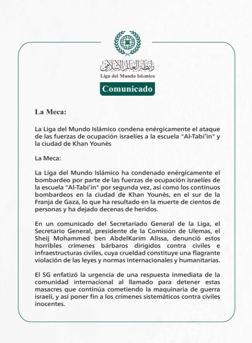 Comunicado de la LigadelMundoIslamico: