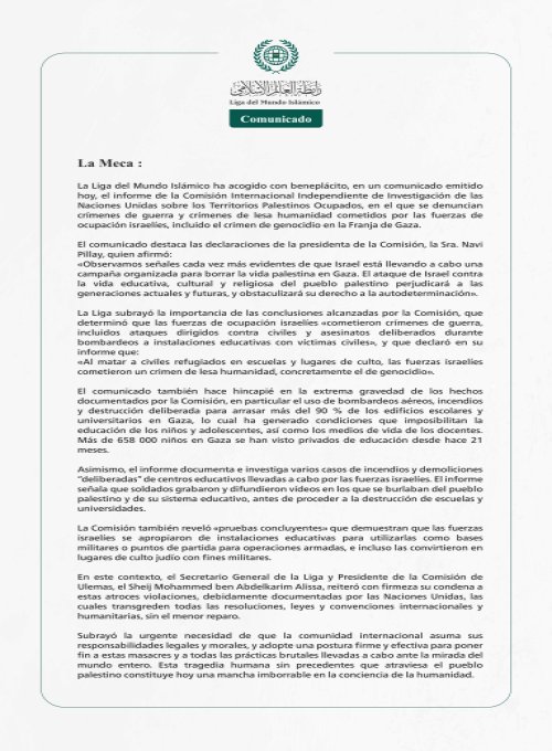 La Liga del Mundo Islámico acoge con beneplácito el informe de la Comisión Internacional Independiente de las Naciones Unidas sobre los Territorios Palestinos Ocupados