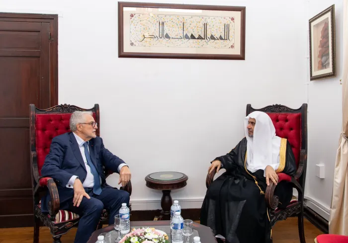 His Eminence Chems-Eddine Hafiz, the rector of the Grand Mosque of Paris, receives His Excellency Sheikh Dr. Mohammed Al-Issa at the historical mosque