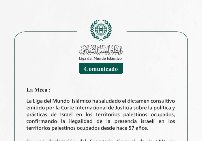 La Liga del Mundo Islámico saluda el dictamen consultivo emitido por la Corte Internacional de Justicia sobre la política y prácticas de Israel en los territorios palestinos ocupados.