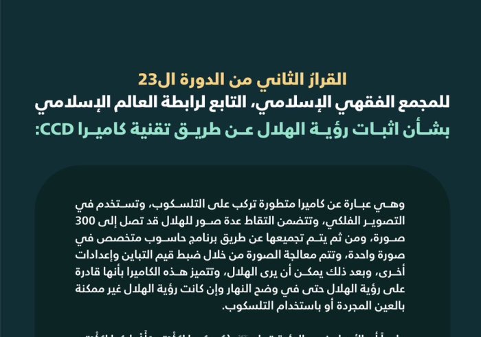 ‏“رؤية الهلال عبر التقنية” ‏القرار الثاني من الدورة الـ٢٣ للمجمع الفقهي الإسلامي التابع لرابطة العالم الإسلامي، بشأن إثبات رؤية الهلال باستخدام تقنية كاميرا CCD: