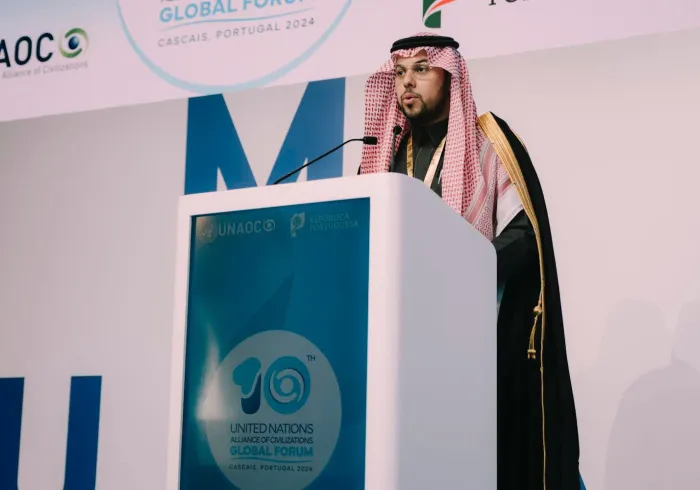 On behalf of His Excellency Sheikh Dr. MohammedAIissa, Secretary-General of the Muslim World League (MWL), Mr. Abdulwahab bin Mohammed Al-Shehri, Assistant to the Secretary-General for Corporate Communication, presented the Muslim World League's statement during the UNAOC Group of Friends’ session at the 10th United Nations Alliance of Civilizations (UNAOC) Global Forum in Portugal
