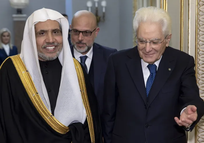 His Excellency Sergio Mattarella, President of the Italian Republic, welcomed His Excellency Sheikh Dr. Mohammed Alissa, Secretary-General of the Muslim World League and Chairman of the Organization of Muslim Scholars, at the Presidential Palace in Rome.