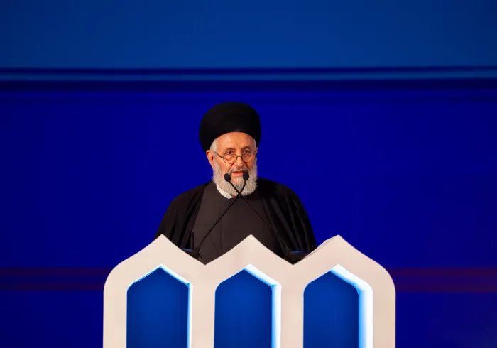 El Secretario general de la Instancia mundial de la jurisprudencia islámica, Ayatolá Sayyed Abolqasem Dibaji, durante la segunda edición de la conferencia ConstruyendoPuentesEntreLasEscuelas