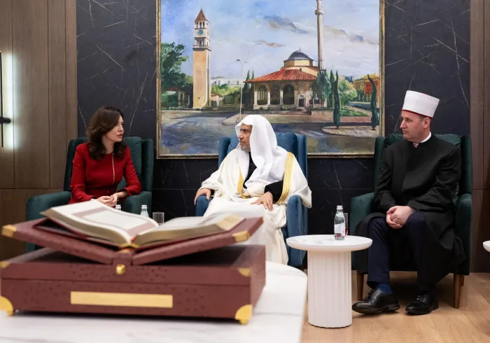 His Excellency Sheikh Dr. Mohammed Al-Issa, Secretary-General of the MWL and Chairman of the Organization of Muslim Scholars, met with Her Eminence, the President of the Albanian Parliament, at the Muslim Community of Albania in Tirana