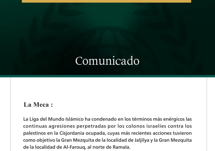 La Liga del Mundo Islámico condena las crecientes agresiones de los colonos contra los palestinos en la Cisjordania ocupada.