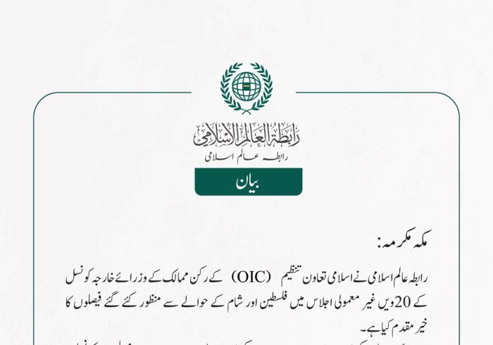  رابطہ عالم اسلامی نے اسلامی تعاون تنظیم (OIC) کے رکن ممالک کے وزرائے خارجہ کونسل کے 20ویں غیر معمولی اجلاس میں فلسطین اور شام کے حوالے سے منظور کئے گئے فیصلوں کا خیرمقدم کیا ہے