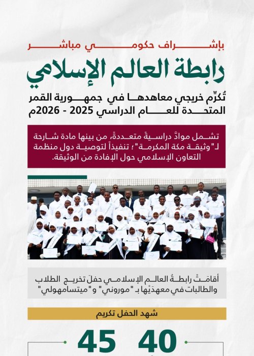 إنفوجرافيك يوضح إنجازات رابطة العالم الإسلامي وتكريم 85 خريجاً وخريجة من معاهدها في جمهورية القمر المتحدة للعام الدراسي 2023-2024.