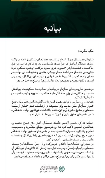 سازمان همبستگی جهان اسلام با شدّت، نقض‌های سنگین و ادامه‌دار را که دولتِ اشغالگر اسرائیل در حقّ ملت فلسطین ــ به‌ویژه مردم غزه ــ و در حقّ حاکمیت و تمامیت ارضی جمهوری عربی سوریه مرتکب می‌شود