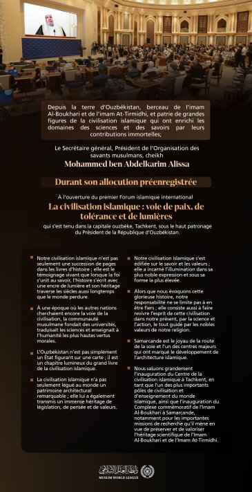 Extraits de l’allocution principale préenregistrée de cheikh Mohammed Alissa , Secrétaire général, Président de l’Organisation des savants musulmans, à l’ouverture du premier forum islamique international intitulé : « La civilisation islamique : la voie de la paix, de la tolérance et des lumières », organisé dans la capitale ouzbèke, Tachkent, sous le haut patronage du Président de la République d’Ouzbékistan.