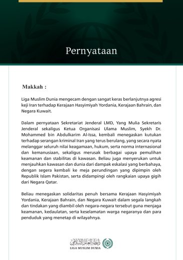 Liga Muslim Dunia Kecam Berlanjutnya Agresi Keji Iran terhadap Yordania, Bahrain, dan Kuwait