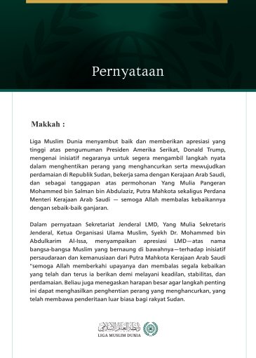 Liga Muslim Dunia menyambut baik dan memberikan apresiasi yang tinggi atas pengumuman Presiden Amerika Serikat