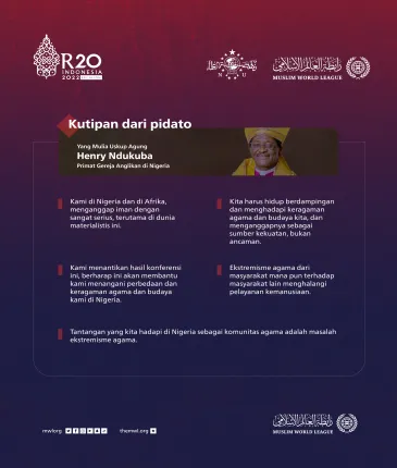 Poin-poin paling menonjol yang disampaikan oleh Yang Mulia Uskup Agung, Primat Gereja Anglikan di Nigeria, Henry Ndukuba, selama berpartisipasi dalam KTTR20 di Bali: