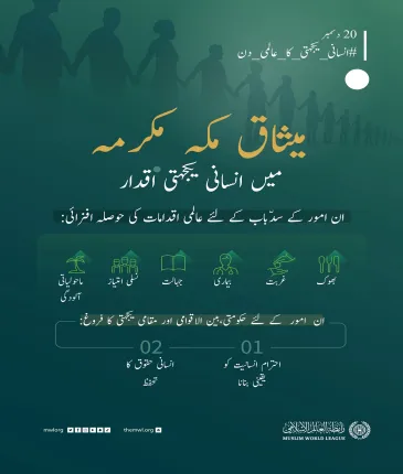 میثاق مکہ مکرمہ میں انسانی حقوق اور احترام انسانیت کے تحفظ کو یقینی بنانے کے لئے حکومتی،مقامی اور بین الاقوامی یکجہتی فروغ کے اصول مرتب کئے گئے ہیں
