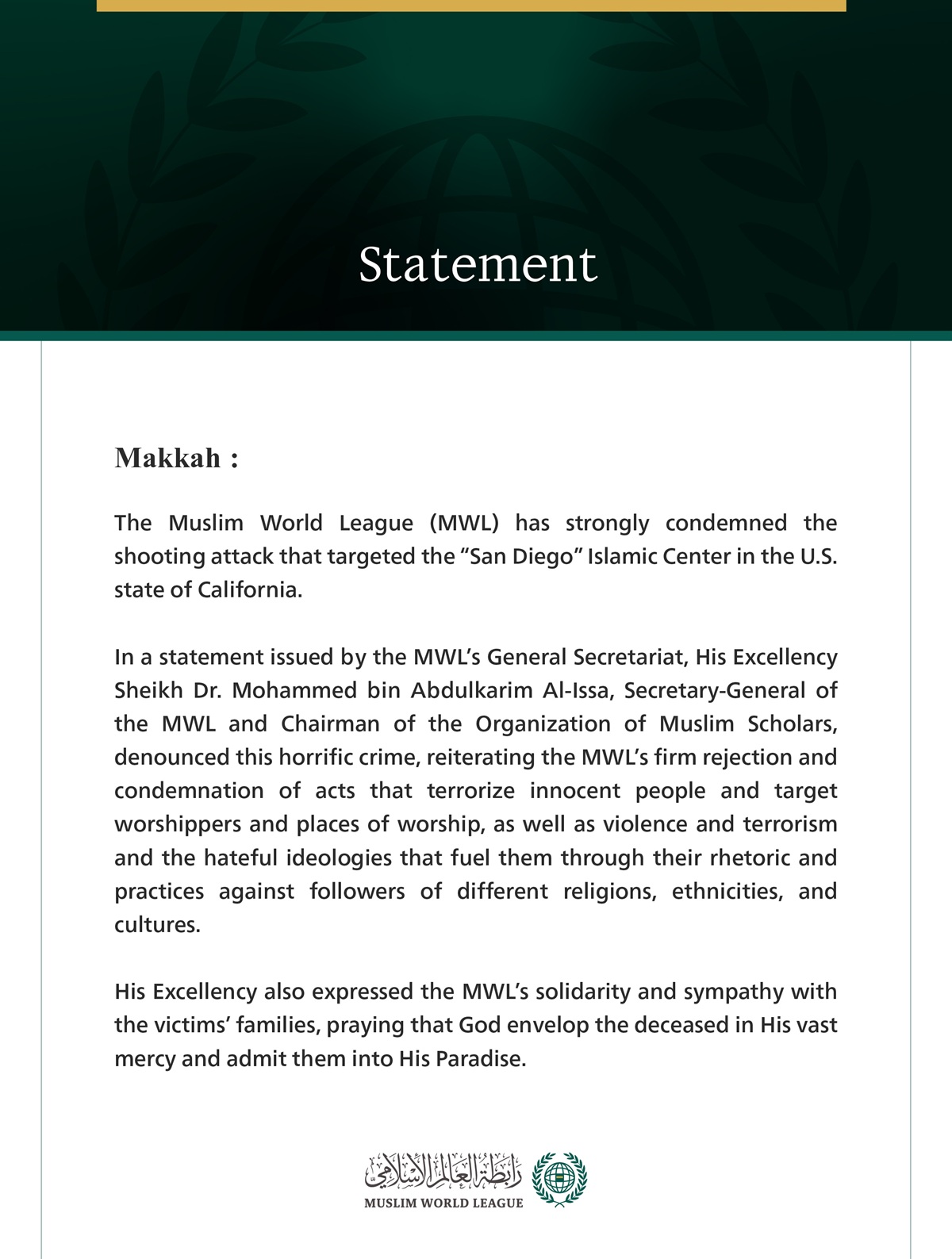 The Muslim World League Condemns the Horrific Attack on the “San Diego” Islamic Center
