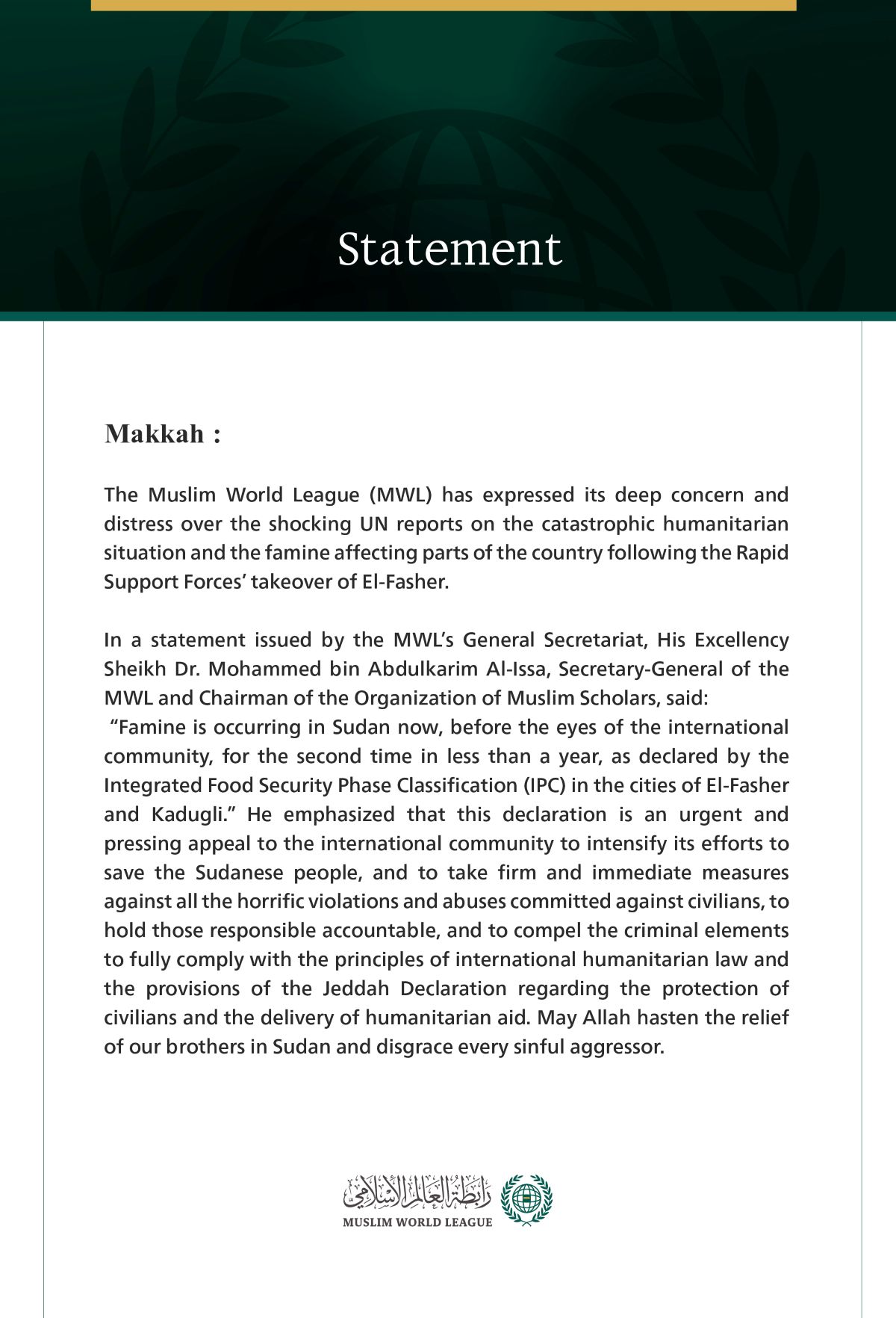 The Muslim World League Expresses Its Distress over Shocking UN Reports of Famine in Sudan